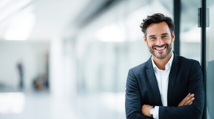 Obraz premium Professional Businessman Smiling Confidently in Modern Office Environment.