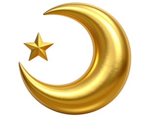 A - 3D Embossed Gold Crescent and Star with Subtle Shadows and Reflective Glow, Angled Perspective, Isolated on Transparent Background.