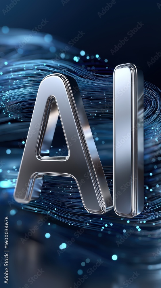 Poster metallic ai letters against a dynamic blue background illustrating artificial intelligence concepts 