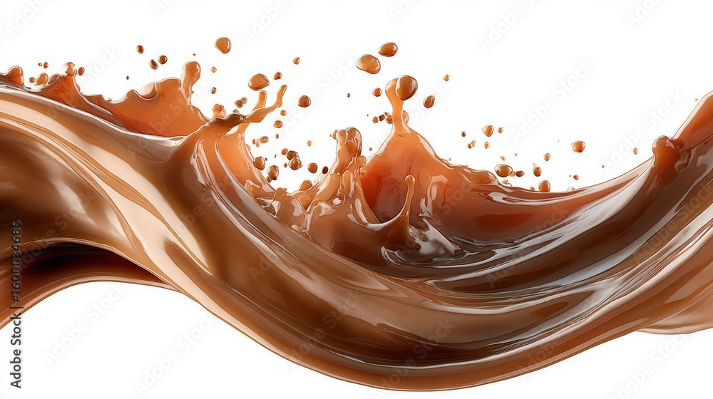 Poster dynamic waves of dark brown coffee liquid cascading and splashing on a clean background surface