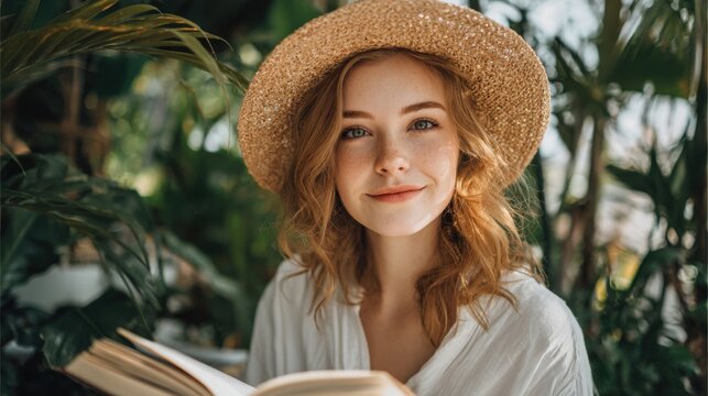 Young woman with red hair wearing straw hat smiling in lush garden reading book. - Powered by Adobe