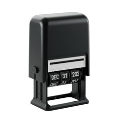Fototapeta premium Modern black plastic roller date stamp, visible metal mechanisms, 