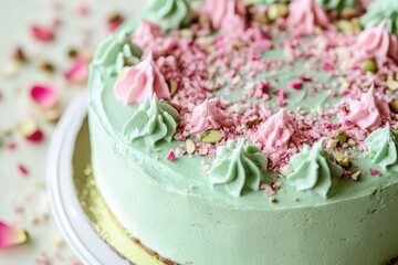 Naklejka premium Pale green cheesecake, adorned with pastel pink swirls and pistachio crumbles, sits on a white cake stand, surrounded by scattered rose petals