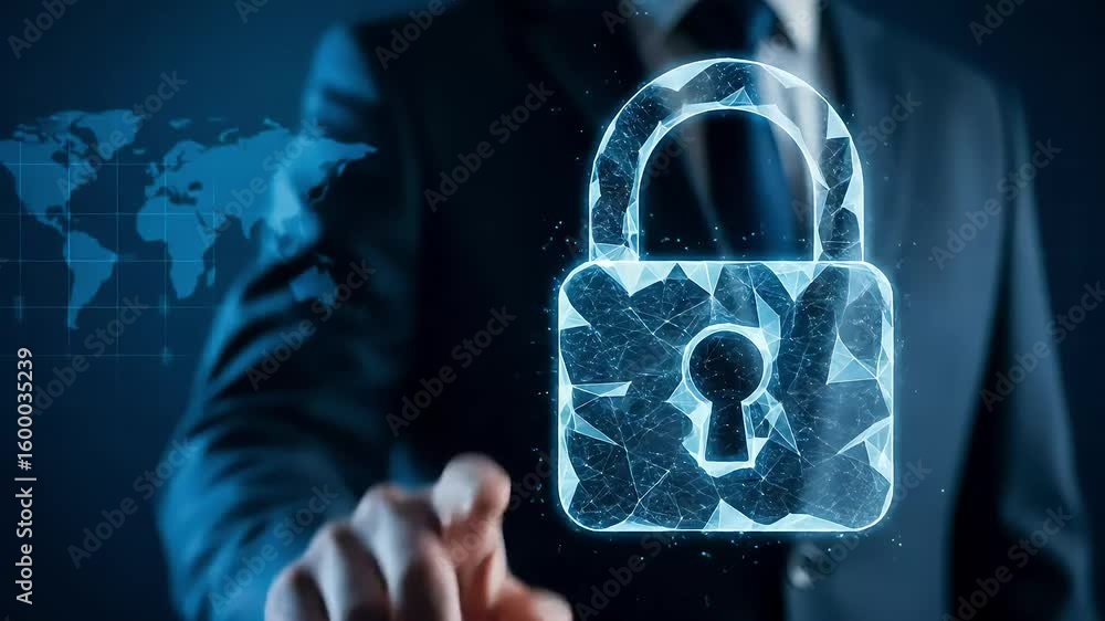 Poster securing digital information with a touch of innovation and a virtual padlock concept.