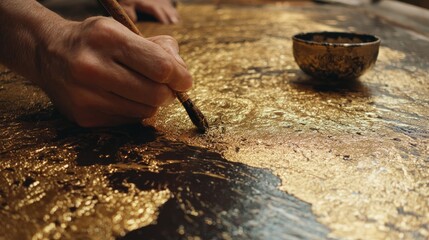 Artist applying gold leaf to a painting