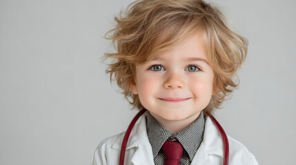 Smiling Child in Doctor’s Coat with Stethoscope – Illustrative Editorial Image

