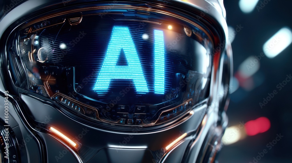 Poster futuristic robot with glowing ai display in a high-tech urban environment at night