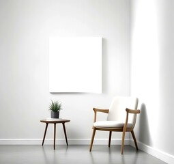 Illustration of Single modern chair placed in front of a plain white wall, minimal interior, soft light, clean space, no clutter, Scandinavian style.