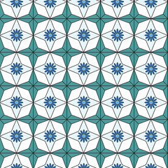 Geometric floral tile pattern in teal and white with blue flower accents