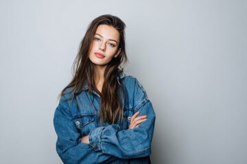 Obraz premium Stylish young woman with long wavy hair wearing denim jacket posing against light gray background.