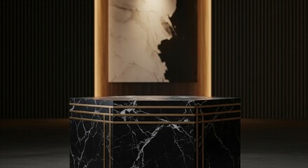Luxurious black marble pedestal with gold accents in a modern interior
