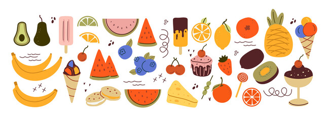 Natural tropical fruit, dessert, citrus orange, vitamin lemon, avocado, strawberry, pineapple. Hand-drawn for print, banner, poster, social network. art  cute icon, isolated on a white background. png