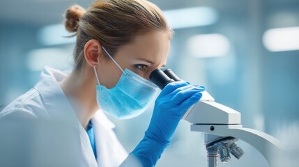 Female scientist wearing face mask and gloves looking through microscope in laboratory.