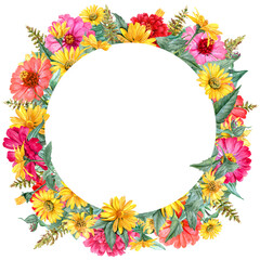 Hand-painted circle banner with copy-space and garden red and yellow flowers all around