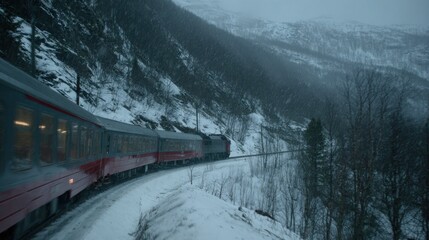 Scenic train journey through snowy mountains