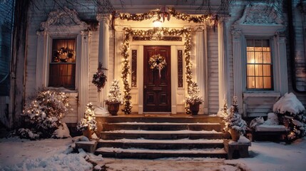 Festive snowy house exterior at night