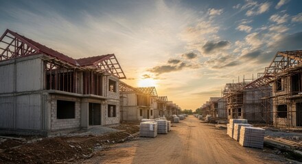 Obraz premium New Houses Under Construction At Sunset