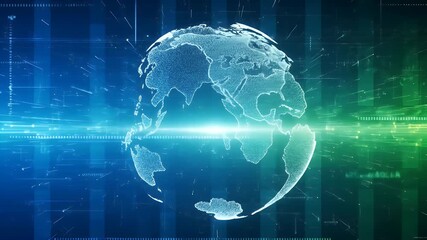 Glowing digital globe against a blue and green tech background