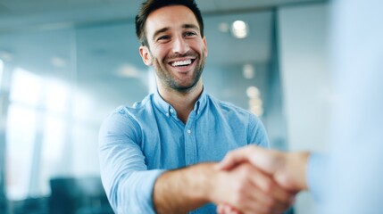 Obraz premium Smiling man in business casual shaking hands in modern office environment with sunlight.