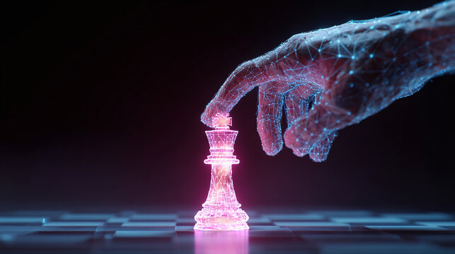 Futuristic chess piece manipulated by a glowing digital hand. A modern twist on strategy and gameplay with a neon glow on a dark chessboard.