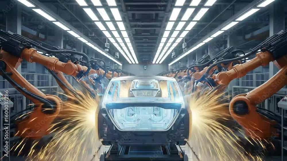 Poster automated robotic arms work on a car chassis in a modern factory with bright overhead lighting.