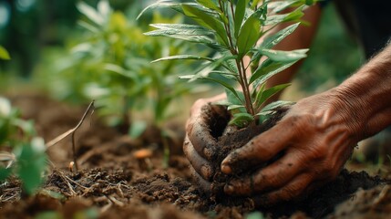 Closeup hands squeezing the soil of a newly planted small tree. 4