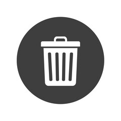 Flat Digital Icon of a White Trash Can Symbol with Lid and Vertical Ridges on Dark Gray Circular Background
