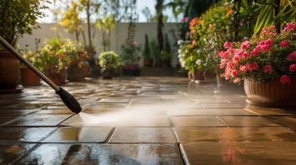 Woman pressure washing backyard patio, water spraying off dirt from stone tiles.