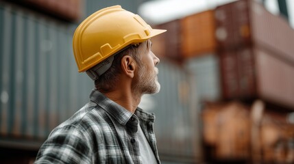 Worker wearing yellow hard hat standing in front of stacked shipping containers.