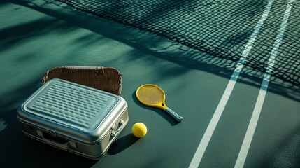A silver suitcase with a pickleball paddle and wicker baskets standing at a tennis court.