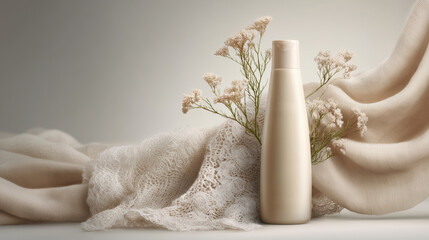 A bottle of fabric conditioner surrounded by floating fabric textures.