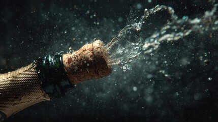 Champagne bottle cork popping with splash