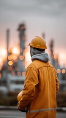 An engineer in safety gear poses in front of a large industrial oil refinery.