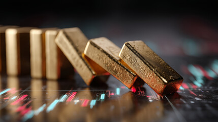 Financial domino effect, stack of golden bars tipping over into digital stock graphs.