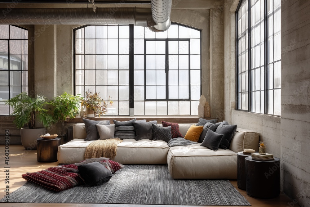 Poster modern loft space featuring visible ductwork and large windows complemented by a cozy assortment of 