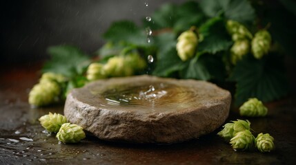 Flat split rock podium, on which there are green hop cones. Circles on the water surface.