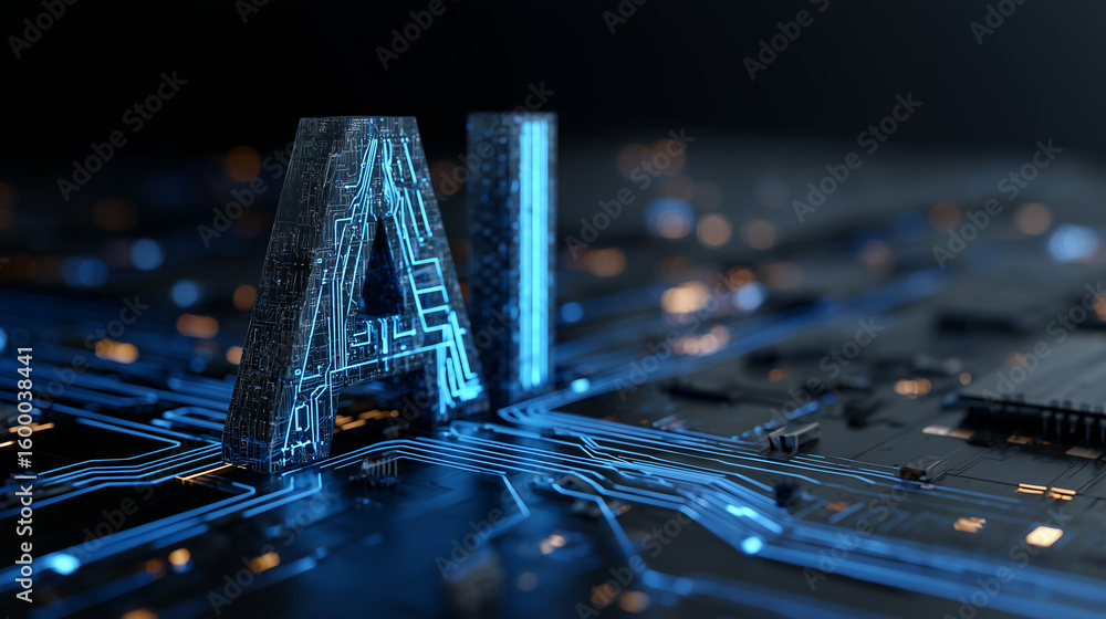 Fototapete abstract futuristic digital technology background with glowing hologram text 