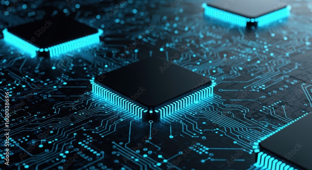 Poster ai microchip and colorful light spread with strong beam , ai compute concept with electronic circuit