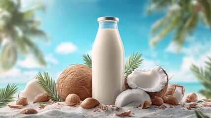 Coconut juice bottle with fresh coconuts and sky background