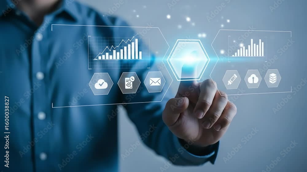 Poster Man interacts with a glowing futuristic interface displaying charts and data visualizations.