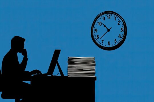 A pensive silhouette of a businessman seated at his desk, working on a computer, with a stack of documents and a clock on the wall against a solid blue background, depicting a busy workday