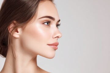 Close-up profile of a young woman's face with flawless skin and natural makeup.