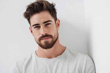 Fototapeta premium Young confident man with styled hair and beard posing indoors in casual outfit.