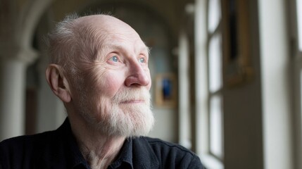 Elderly man with white beard and thoughtful expression looking out window indoors.