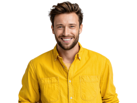 Radiant Optimism: A captivating portrait of a man with an infectious smile. His vibrant expression and confident pose embody joy and positive energy.