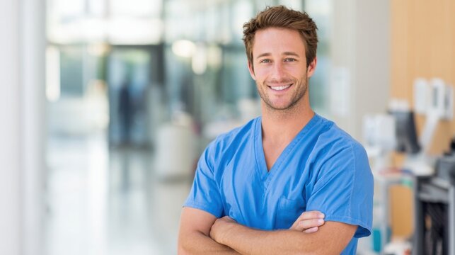 Confident smiling male healthcare professional wearing blue scrubs in clinical setting.