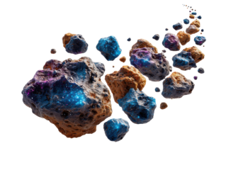 Celestial Trail of Cosmic Stones: A vibrant trail of cosmic stones, exhibiting an array of colors and textures, floats across a bright, captivating expanse. Evokes a sense of wonder and discovery.