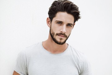 Fototapeta premium Attractive Young Man with Dark Hair and Beard Wearing Casual T-Shirt Looking Confidently at Camera.