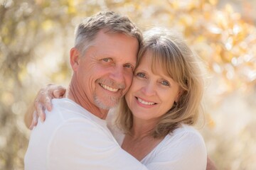 Fototapeta premium Happy senior couple embracing outdoors in sunny park during autumn daytime.