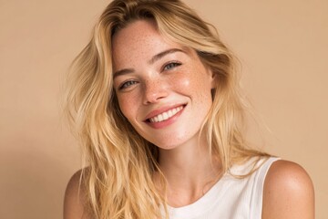 Fototapeta premium Close-up of a smiling blonde young woman with freckles and natural makeup.